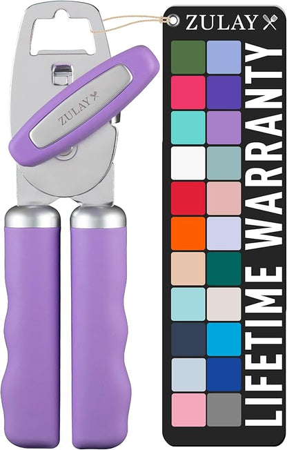 Zulay Kitchen Heavy Duty Stainless Steel Can Opener Manual with Bottle Opener - Rust Proof Manual Can Opener With Turn Knob & Comfy Soft Grip Handles - Lavender