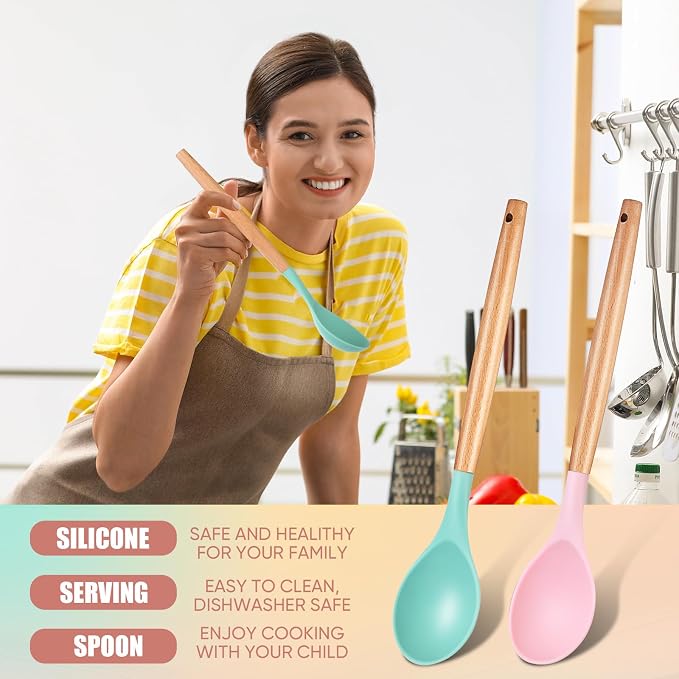 Patelai 2 Pieces Silicone Nonstick Mixing Spoon Kitchen Cooking Spoons Serving Spoon with Wooden Handle Heat Resistant Utensil Spoons for Mixing, Baking, Serving and Stirring (Green, Pink)