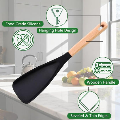 3Pack Cedar and Ash Spoonula–Multi Function Spatula Cooking Spoon with Wooden Handle,Heat Resistant & Nonstick Kitchen Utensils Safe Silicone Head Spoon for Mixing,Stirring,Scooping,Flipping,Serving