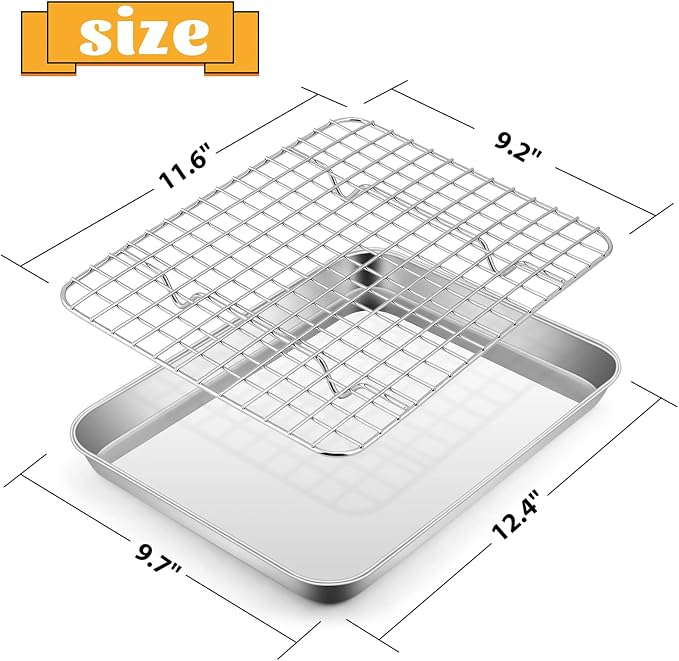 Stainless Steel Baking Sheet with Rack Set, E-far 12.4”x9.7” Cookie Sheet Broiling Pan for Oven, Rimmed Metal Tray with Wire Rack for Cooking/Baking/Cooling/Bacon, Non-toxic & Dishwasher Safe