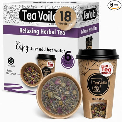 TeaVoila Instant Brew Tea in A Cup - Organic Loose Leaf Herbal Tea – Tea Infuser Built In Biocompostable 6 Cups, Each Refillable 3x, 18 Servings in Total – No Tea Bags Needed, For Office & Travel