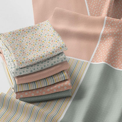 Patchwork Fabric Panel 100x155 cm, 100% Cotton Satin, 6 Coordinated Pastel Floral & Dot Patterns, Soft Peach Green Quilting & Sewing Fabric (Soft Pastels, 6pcs 50x50cm)