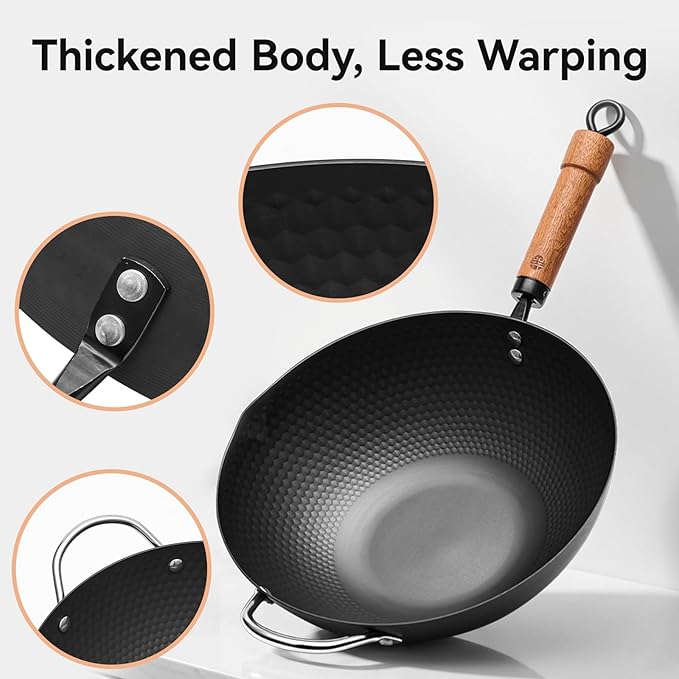 WANGYUANJI Carbon Steel Wok Pan, 12.6 Inch Flat Bottom Stir Fry Pan with Lid, Uncoated Heavy Duty Iron Wok for Induction and Gas Stoves