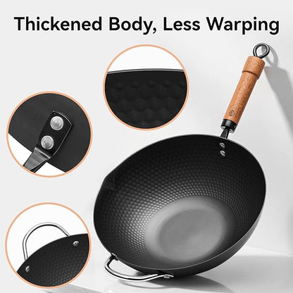 WANGYUANJI Carbon Steel Wok Pan, 12.6 Inch Flat Bottom Stir Fry Pan with Lid, Uncoated Heavy Duty Iron Wok for Induction and Gas Stoves