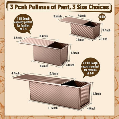 3 Pack Pullman Loaf Pans with Lids, 2.2LB 1LB 0.5LB Bread Pans, Non-stick Carbon Steel Bread Pans for Homemade Sandwich and Baking Sourdough Bread, Corrugated Toast Mold, Golden