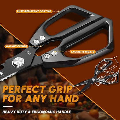Huusk Kitchen Scissors for Food - Stainless Steel, Sharp Black Meat Scissors, Dishwasher Safe, Heavy Duty Poultry Shears, Japanese Cooking Scissor for Chicken, Turkey, and More