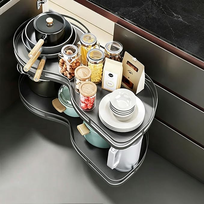 Blind Corner Cabinet Organizer Pull Out, 2 Tier Magic Corner Pull Out Shelves for Kitchen Storage, Soft Close Adjustable Height Organizer, Heavy Duty Metal Rack for Pots, Pans and Pantry Items