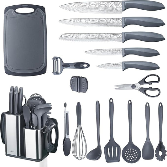RAXCO Kitchen Set,18-Piece Cooking Utensils and Kitchen Knife Set,Gray | 7-Piece Kitchen Utensils Heat-resistant to 410°F,5-Piece Sharp Knife,5-Piece Cooking Tools and Cutting Board In One