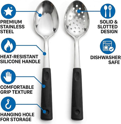 Metal Serving Spoons Set, Large Serving Spoons with Silicone Handles, Stainless Steel Serving Spoon, Slotted Spoon & Soup Ladle Set for Buffet and Home Kitchen (Black)