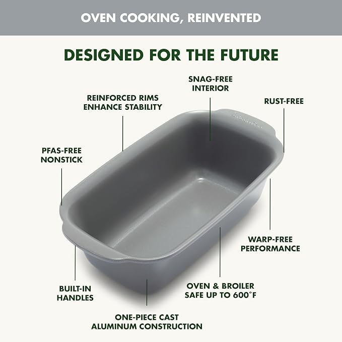 GreenPan Premiere Ovenware Healthy Ceramic Nonstick 1 lb. Loaf Baking Pan, PFAS-Free, Warp-Free Bakeware, Durable Quick Heating, Oven & Broiler Safe to 600F, Dishwasher Safe, Gray