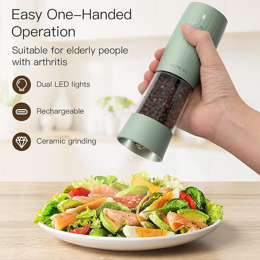 Ultrean Pepper Grinder, Electric Salt and Pepper Grinder Set with USB-C Rechargeable, Spice Mill, 6 Adjustable Coarseness, LED Light, Larger Capacity, Gift for Women Mom, Green