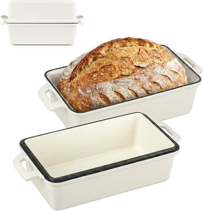 Northriver Casting 2 in 1 Enameled Cast Iron Bread Pan with Lid, Perfect Bread Oven, Loaf Pans for Baking Homemade Sourdough Bread 9x5, 2 Piece set, White