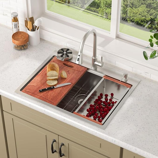 Lordear 28 Inch Drop In Kitchen Sink with Faucet 16 Gauge Stainless Steel Single Bowl 28x22x9 Topmount Kitchen Sink with Glass Rinser Workstation Sinks with Soap Dispenser