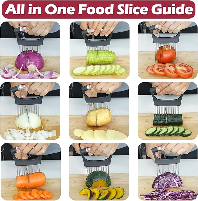 JAYVAR Extra-Large Onion Holder for Slicing, 304 Stainless Steel Large Onion Slicer with 14 Long Needles, Onions Cutter Vegetable Chopper, Tomato Cutter Slicer, Kitchen Gadgets for Evenly Slicing