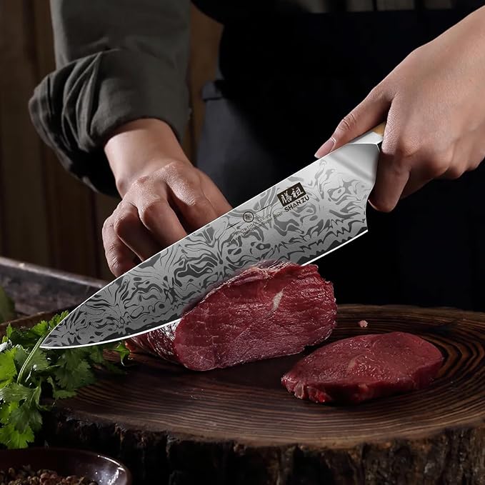 SHAN ZU Damascus Chef Knife, SG2 Powder Steel Japanese Kitchen Knife, 8 in Hand Forged 91 Layers Damascus Steel Ultra Sharp Knife with Ergonomic Maple Handle