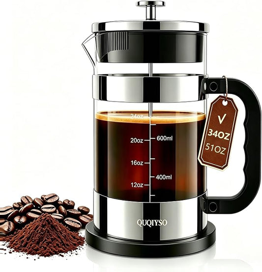 QUQIYSO French Press Coffee Maker, 2.5mm Thick Borosilicate Glass, 4 Layer Stainless Steel Filter, BPA Free Cold Brew Coffee Maker & Teapot, Durable Coffee Press for Home, Travel, 34oz, Silver