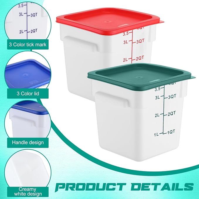 Ziliny 6 Pieces 4 Quart Commercial Food Storage Containers with Lid Translucent Container with 3 Color Lids for Freezer Flour Sugar Baking Bread Restaurant, Square