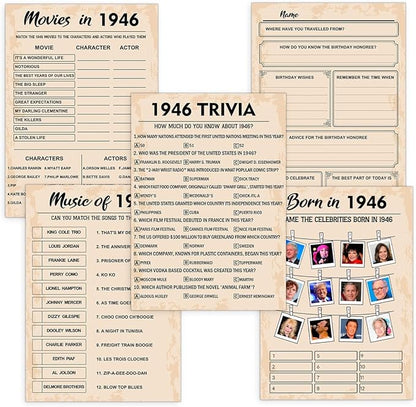 QUPT 80th Birthday Party Games, Set of 5 Activities for 10 Guests, Born in 1946 Games Bundle, Birthday Party Supplies for Adults, Pack of 50 Cards