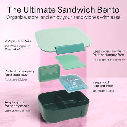 KARRICO Leakproof Lunch Box – 3-Compartment Bento Box, Cooler Pack & Adjustable Divider, Extra Large & BPA-Free – Dishwasher Safe, Ideal for On-the-Go Meals, Green