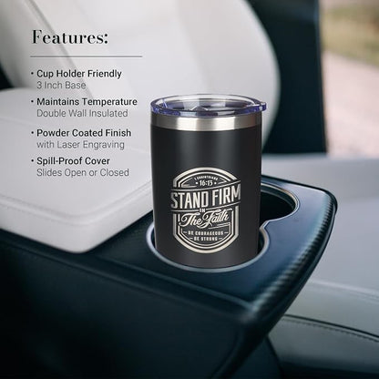 Christian Art Gifts Large Stainless Steel Inspirational Travel Mug Tumbler for Men & Women: Stand Firm Encouraging Bible Verse, Double Wall Vacuum Insulated w/Lid, Hot/Cold Beverage, Black, 18 oz.