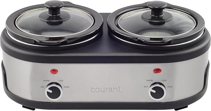 Courant 3.2-Quart Double Slow Cooker(1.6-Qt each) w/Warm Settings, Stainproof Stoneware Pots and Glass Lids – StainlessSteel