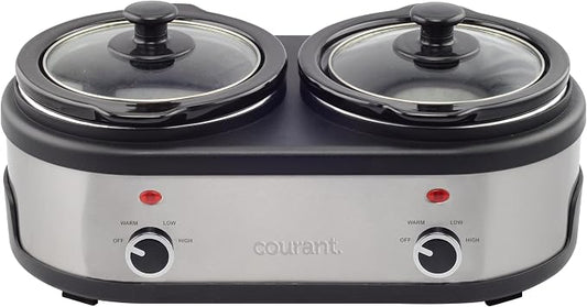 Courant 3.2-Quart Double Slow Cooker(1.6-Qt each) w/Warm Settings, Stainproof Stoneware Pots and Glass Lids – StainlessSteel