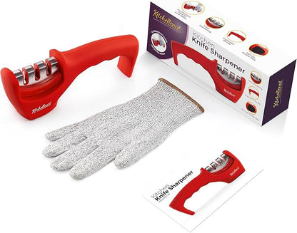 4-in-1 Kitchen Knife Accessories: 3-Stage Knife Sharpener Helps Repair, Restore and Polish Blades and Cut-Resistant Glove