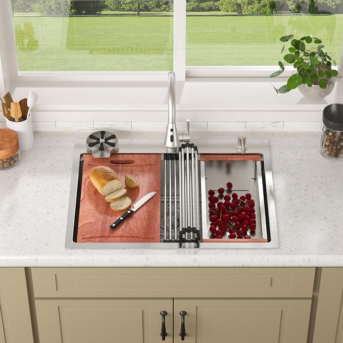 Lordear 28 Inch Drop In Kitchen Sink with Faucet 16 Gauge Stainless Steel Single Bowl 28x22x9 Topmount Kitchen Sink with Glass Rinser Workstation Sinks with Soap Dispenser