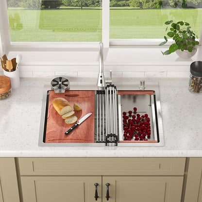 Lordear 28 Inch Drop In Kitchen Sink with Faucet 16 Gauge Stainless Steel Single Bowl 28x22x9 Topmount Kitchen Sink with Glass Rinser Workstation Sinks with Soap Dispenser