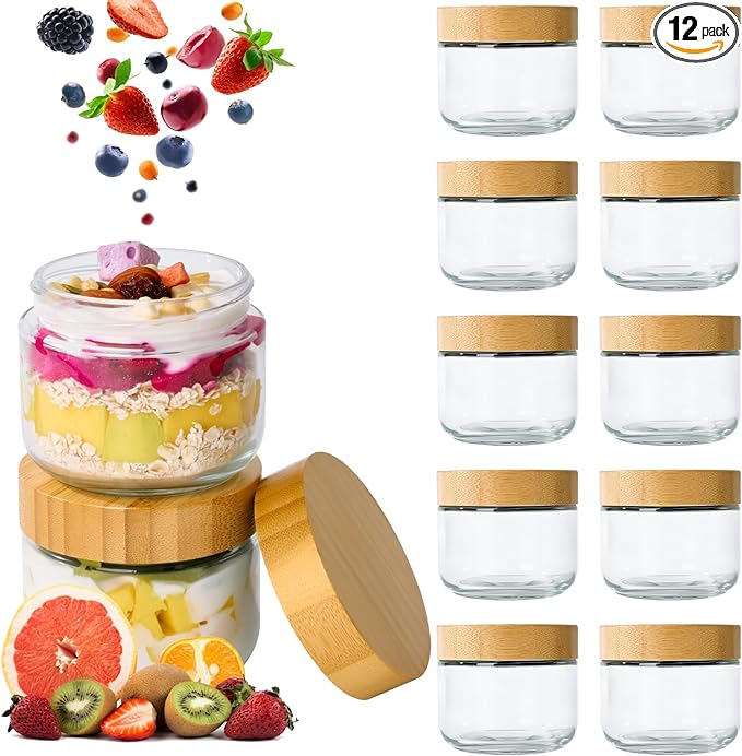 Hoa Kinh 9oz 12Pack Glass Food Storage Jars with Lids, Leak Proof Small Glass Jars for Overnight Oats, Cereal, Empty Jar with Woodgrain Lids for Kitchen
