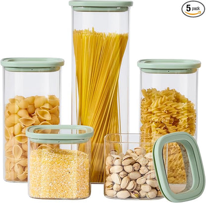 Square Glass Food Storage Jars with Lids Set of 5, Perfect for Pasta, Cookies, Nuts, Coffee, Cereal, Flour,Organize Your Kitchen with these BPA-Free Glass Jars with Lids