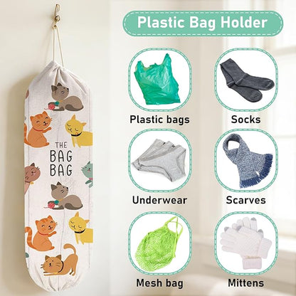2Pcs Cat Plastic Bag Holder for Kitchen Essentials, Reusable Hanging Grocery Bag Organizer, Washable Large Grocery Trash Bags Storage Dispenser