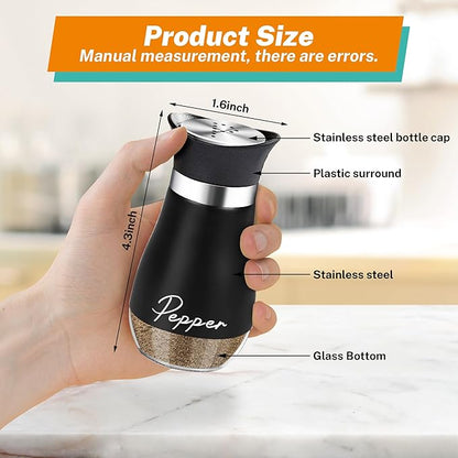 Salt and Pepper Shakers Set,4 oz Glass Bottom Salt Pepper Shaker with Stainless Steel Lid for Kitchen Gadgets Cooking Table, RV, Camp,BBQ Refillable Design (White + Black)