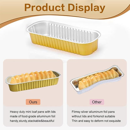 Mini Cake Pans With Lids And Spoons 50 Pack,6.8 oz Rectangle Mini individual Loaf Pans Disposable Aluminum Foil Small Baking Cups Tins (50, gold)