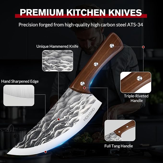 MDHAND Butcher Knife Set, Hand Forged Butcher Chef Knife Set with Roll Bag, Sharp Heavy Duty Meat Cleaver Knife & Bone Chopper Knives & Fillet Knives for BBQ, Outdoor Camping, Gifts for Men Women
