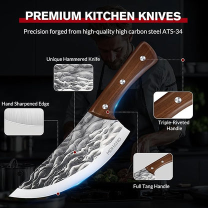 MDHAND Butcher Knife Set, Hand Forged Butcher Chef Knife Set with Roll Bag, Sharp Heavy Duty Meat Cleaver Knife & Bone Chopper Knives & Fillet Knives for BBQ, Outdoor Camping, Gifts for Men Women