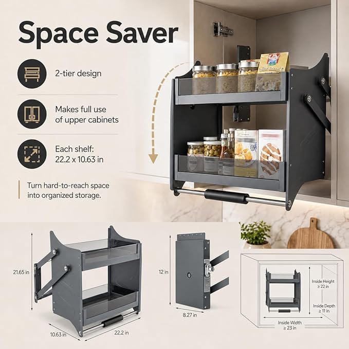 Pull Down Cabinet Shelf 2 Tier Pull-Out Cabinet Organizer Adjustable Bearing Kitchen Cabinet Organizer Shelves with Double-Lever, Drop Down Shelf Organizer Spice Rack System for Dish Rack