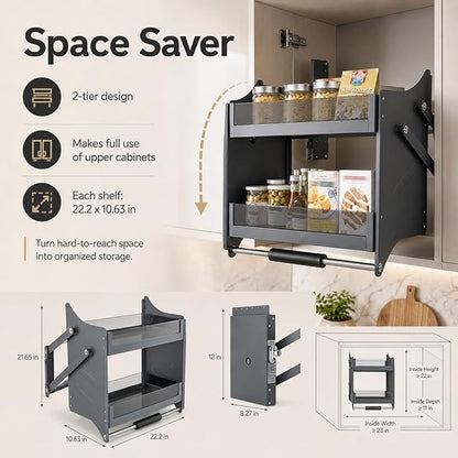 Pull Down Cabinet Shelf 2 Tier Pull-Out Cabinet Organizer Adjustable Bearing Kitchen Cabinet Organizer Shelves with Double-Lever, Drop Down Shelf Organizer Spice Rack System for Dish Rack
