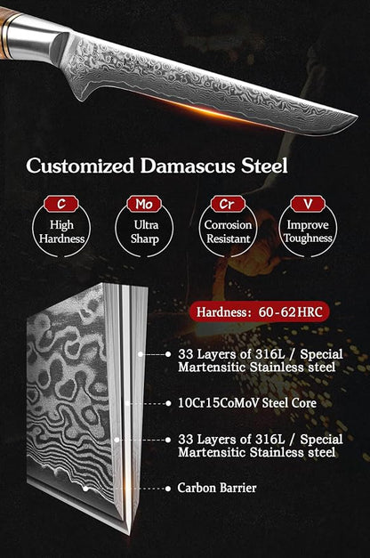 HEZHEN 6-Inch Boning Knife – 67 Layers Damascus Steel, Professional Meat Trimming & Deboning Knife for Home Cooking, Figured Sycamore Handle