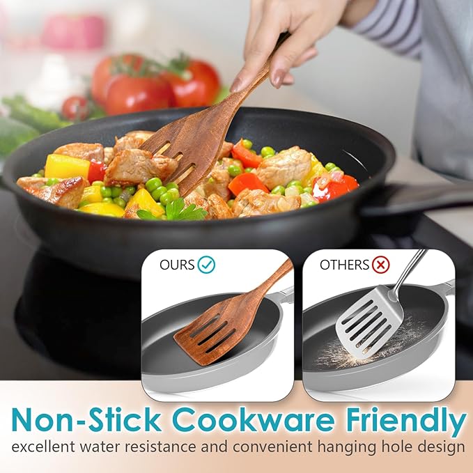 HOWHONG Wooden Spoons for Cooking, Premium Acacia Wood Kitchen Utensil Set, Handmade Wooden Utensils for Nonstick Cookware, Heat Resistant, Smooth Finish, Comfortable Grip, with Holder, Gift Ready