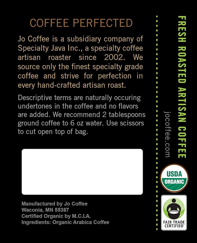 Colombia Jo: 12 oz, Organic Ground Gourmet Coffee, Medium Roast, Creamy Body, Fair Trade Certified, USDA Certified Organic, 100% Arabica, NON-GMO, Gluten Free, Gourmet Specialty Grade by Jo Coffee®