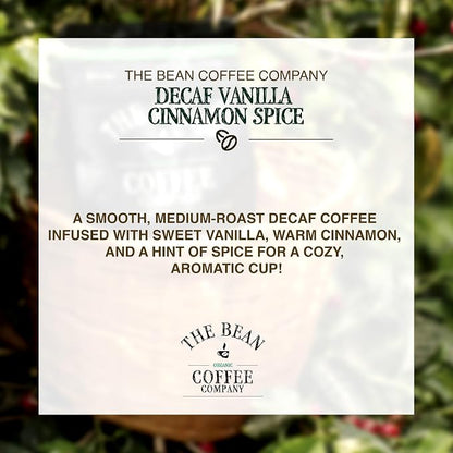 The Bean Organic Coffee Company Water Processed DECAF Vanilla Cinnamon Spice, Medium Roast, Ground Coffee, 5-Pound Bag, Café Molido Tostado Orgánico descafeinado
