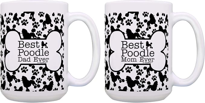 ThisWear Best Poodle Dad and Mom Ever Mug Set Bone and Paw Print Pattern 2 Pack 15-oz Cups 15oz Mugs