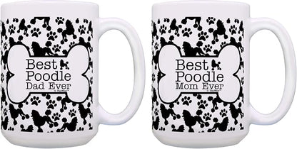 ThisWear Best Poodle Dad and Mom Ever Mug Set Bone and Paw Print Pattern 2 Pack 15-oz Cups 15oz Mugs