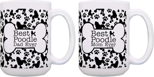 ThisWear Best Poodle Dad and Mom Ever Mug Set Bone and Paw Print Pattern 2 Pack 15-oz Cups 15oz Mugs