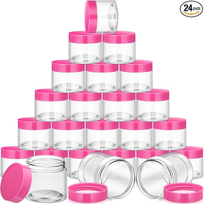 SATINIOR 24 Pieces Empty Clear Plastic Jars with Lids Round Storage Containers Wide Mouth for Beauty Product Cosmetic Cream Lotion Liquid Butter Craft and Food(Pink Lid,2 oz)