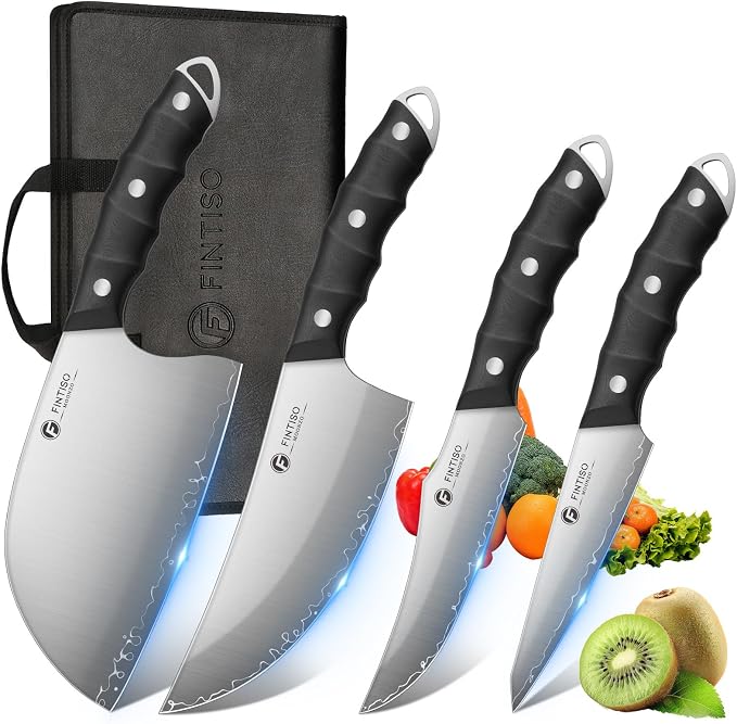 FINTISO Hand Forged Viking Knife Set, 4 PCS Kitchen Knives with Butcher Knife, Serbian Chef Knife & 2 Boning Knives, 5-Layer High Carbon Steel, Full Tang G10 Handle for Kitchen, BBQ & Camping
