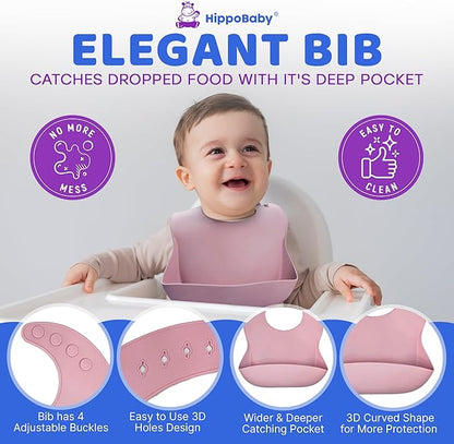 HippoBaby Baby Led Weaning Supplies |10 Piece Silicone Baby Feeding Set, Baby Toddler Bib Cup Divided Plate and Bowl Self Feeding Spoons Dish Set | Baby Utensils,Toddler Feeding Supplies (Rose Quartz)