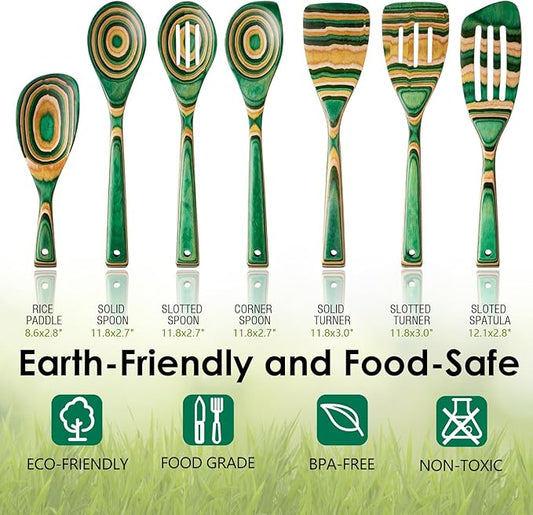 HOWHONG Wooden Spoons for Cooking, Pakkawood Kitchen Utensil Set Oasis Color, Premium Durable Wooden Utensils for Nonstick Cookware, Heat Resistant, Smooth Finish, Comfortable Grip, 7 Piece