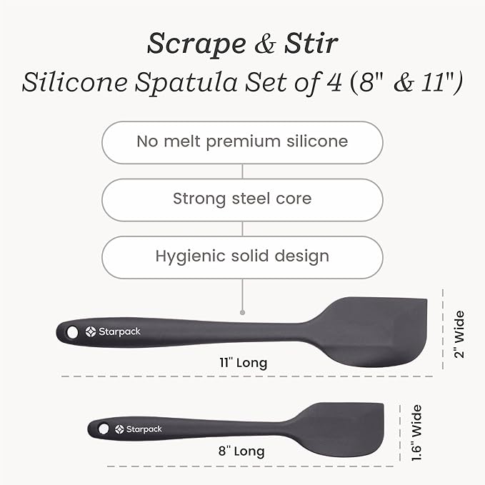 Starpack 'Scrape and Stir' Silicone Rubber Spatula Set (4-Piece) - LFGB Non Toxic, 600°F Heat Resistant, BPA-Free, One-Piece Kitchen Baking Spatulas - Dishwasher Safe for Nonstick Cookware Gray Black